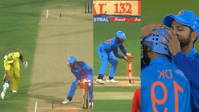A488C763-E94F-4E6D-9E3E-AD2F7E8C8684 Maxwell RUN OUT with Akshar's rocket throw, bails on Karthik, Rohit kisses Karthik