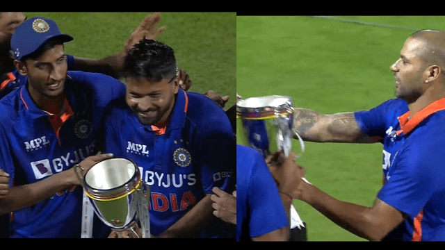 6A57C817-ABBA-41C9-94A9-32B7A2B9BDBB Video: Shikhar Dhawan played Dhoni's tradition, won hearts by giving champion cup to Mukesh Kumar, Gabbar style went viral