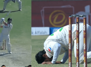 Henry Nicholls was hit by Hasan Ali's sharp bouncer, Babar Azam took the catch and Hasan bowed down