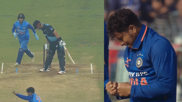 CRICCRANK - 2023-01-29T202610.196 Daryl Mitchell was clean bowled on Kuldeep's googly, 1.4 degree ball flew away