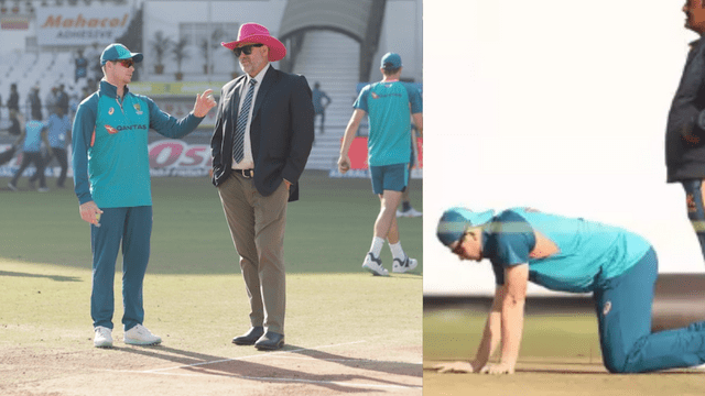 CRICCRANK - 2023-02-15T172110.712 India vs Australia 2nd test: Steve Smith caught before the second test, came on his knees, scanning the pitch with glasses for a long time, Warner supported