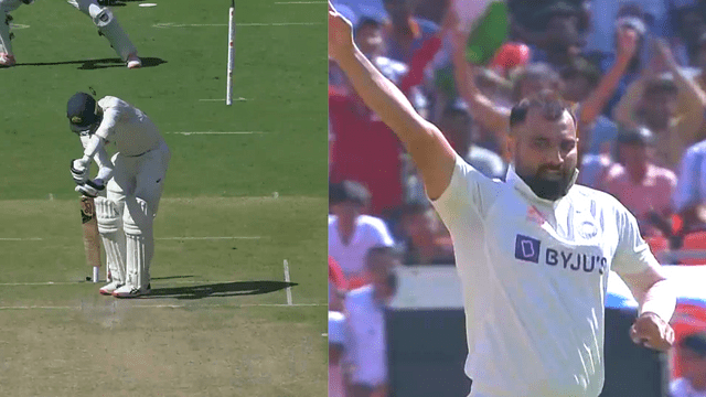 CRICCRANK - 2023-03-09T153819.244 Mohammed Shami's rocket pace ball bowled, clean bold, dancing in the air dancing stumps