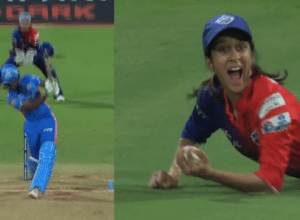 Jemima Rodrigues pounced like an eagle on Haley Mathews' aerial shot, leaped and took a wonderful catch with one hand, stadium echoed with applause