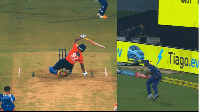 CRICCRANK - 2023-04-01T225955.530 Sarfaraz Khan was out for playing 360 degree shot, Mark Wood's stormy ball got him caught