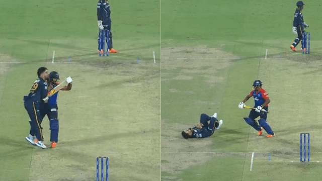 CRICCRANK - 2023-04-05T141642.367 Rashid Khan fell on the ground due to a collision with Sarfaraz Khan, Sarfaraz ignored seeing it, Rashid took revenge like this