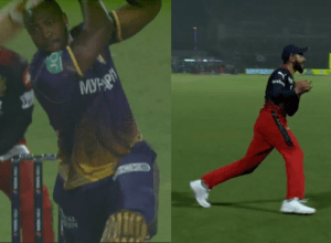 Andre Russell became the victim of a golden duck due to Virat's tremendous catch, Kolkata was shocked by 2 wickets in one over of Karn Sharma