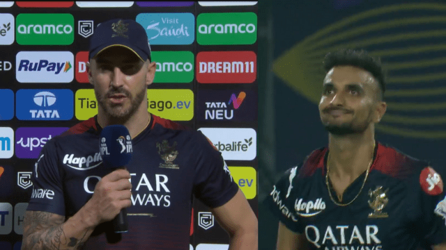CRICCRANK - 2023-04-06T235804.485 RCB vs KKR: After the defeat, Faf Duplessis gestured Harshal Patel's class, got angry, said that looting runs in the death over became the reason for the defeat!