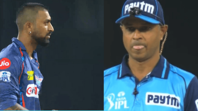 CRICCRANK - 2023-04-07T235958.251 In the live match, on the appeal of Krunal Pandya, the umpire teased by sticking out his tongue and then gave OUT! Krunal did wonders