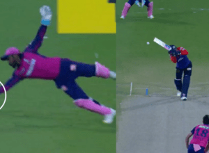 Sanju Samson took an impossible catch of Prithvi Shaw in the very first over of Trent Boult, diving with one hand