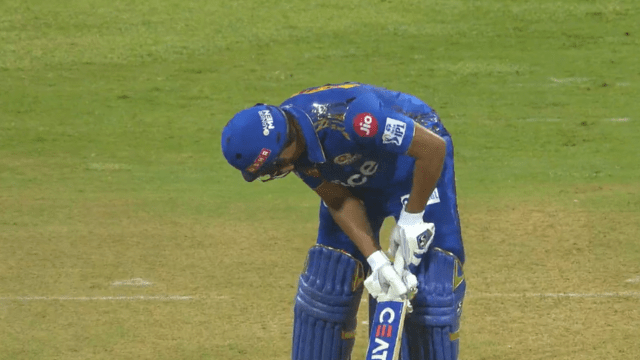 Rohit Sharma piled on Tushar's out swing, the gills were scattered before he could move, OUT on dream delivery