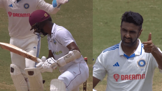 CRICCRANK - 2023-07-22T234308.890 Brathwaite bowled on Ashwin's magic ball, 1.4 degree ball took away the wicket, Ashwin hunted Brathwaite after playing 235 balls