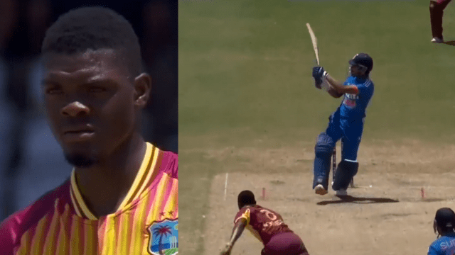 CRICCRANK - 2023-08-03T231531.607 Tilak Verma wreaked havoc by hitting 39 runs, hit 2 consecutive sixes on Joseph's 146 km speed ball, Joseph kept staring