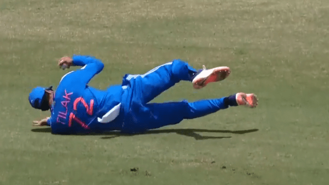 West Indies vs India, 1st T20I Tilak Verma ran 20 meters and jumped in the air to catch Charles, Kuldeep was stunned