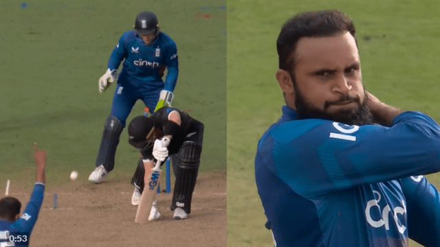 CRICCRANK - 2023-09-08T234119.980 Adil Rashid bowled Young in the first ODI match of England and New Zealand