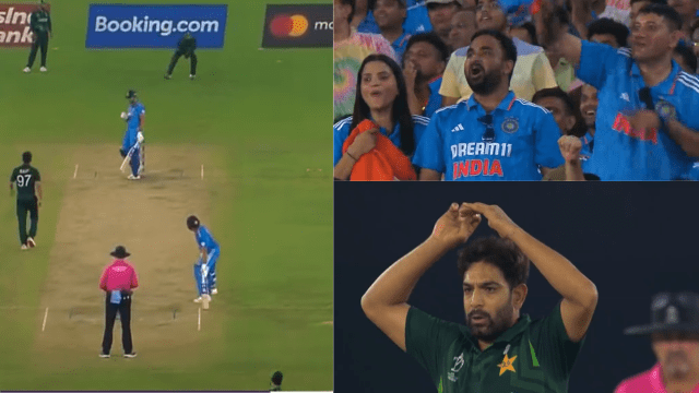 CRICCRANK - 2023-10-15T130135.500 Haris Rauf vented out his anger on Rohit's sixes on Shreyas, Rauf lost his senses after hearing the screams of the fans.